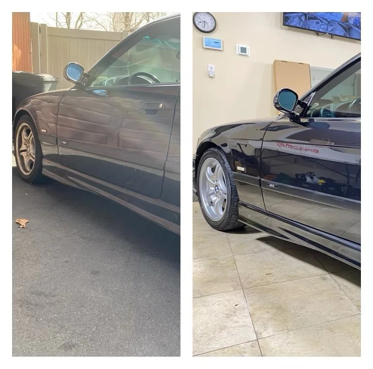 Before and after paint correction on a dark vehicle